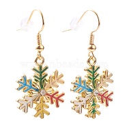 Alloy Enamel Snowflake Dangle Earrings for Christmas, with Rhinestone, Brass Earring Hooks & Ear Nuts, Colorful, Golden, 40mm, Pin: 0.5mm(EJEW-JE04461)
