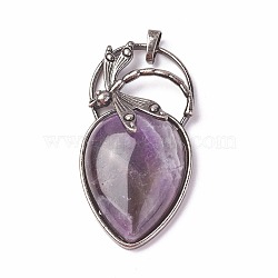 Natural Amethyst Pendants, with Brass Findings, teardrop, Antique Silver, 52~53x27x10~11mm, Hole: 8x5mm(X-G-I220-G06)
