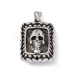 304 Stainless Steel Manual Polishing Pendants, Rectangle with Skull, Antique Silver, 42x30x13mm, Hole: 4.5x9mm(STAS-G267-09AS)