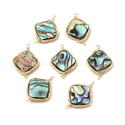 Natural Paua Shell Connector Charms, Rhombus Links, with Brass Wire Wrapped, Real 14K Gold Plated, 25x17x3mm, Hole: 1.4mm(KK-I697-20G)