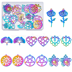 SUPERFINDINGS 28Pcs 7 Style 304 Stainless Steel Pendants, Rose & Ginkgo Leaf & Heart, Rainbow Color, 18~32x15.5~25.5x1.5mm, Hole: 1.4mm, 4pcs/style(STAS-FH0001-71)