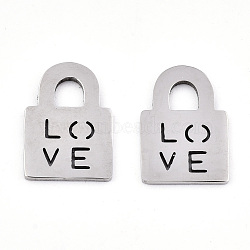 201 Stainless Steel Charms, Laser Cut, Lock with Word Love, Stainless Steel Color, 13x9x0.9mm, Hole: 3x3mm(STAS-S081-059)