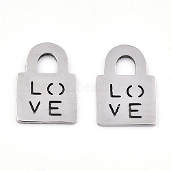 Non-Tarnish 201 Stainless Steel Charms, Laser Cut, Lock with Word Love, Stainless Steel Color, 13x9x0.9mm, Hole: 3x3mm(STAS-S081-059)