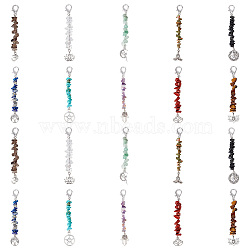 Gemstone Chip Beaded Pendant Decorations, Clip-on Charms, with Alloy Lobster Claw Clasps, Yoga & Fairy & Lotus & Pentagram & Hamsa Hand & Tree of Life, 93~104mm, 20pcs/box(HJEW-NB0001-69)