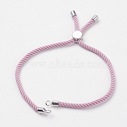 Nylon Twisted Cord Bracelet Making, with Brass Findings, Slider Bracelets, Lead Free & Cadmium Free, Real Platinum Plated, Pink, 4-3/4 inch~5-1/4 inch(120~132mm), 3mm, Hole: 2.7mm(MAK-K007-06P)