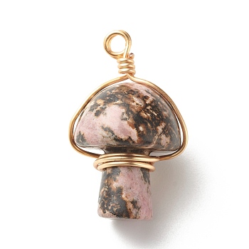 Natural Rhodonite Pendants, with Real 18K Gold Plated Eco-Friendly Copper Wire Wrapped, Mushroom, 28~32x16~17x16~17mm, Hole: 3mm