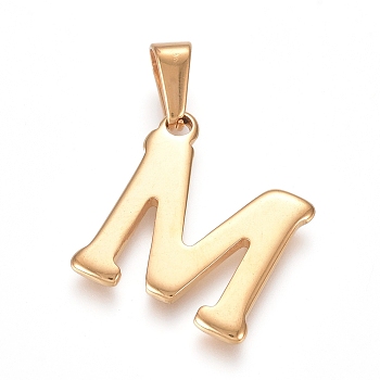 304 Stainless Steel Pendants, Golden, Initial Letter.M, 20x18x1.8mm, Hole: 3x7mm