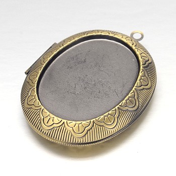 Carved Oval Rack Plating Brass Locket Pendant Cabochon Settings, Lead Free & Nickel Free, Brushed Antique Bronze, Tray: 35x27mm, 52x39x10mm, Hole: 2mm, Inner: 33x25mm