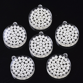 Transparent Acrylic Pendants, with ABS Plastic Imitation Pearl, Flat Round, White, 34.5x30x8mm, Hole: 2mm