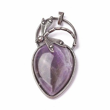 Natural Amethyst Pendants, with Brass Findings, teardrop, Antique Silver, 52~53x27x10~11mm, Hole: 8x5mm