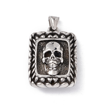 304 Stainless Steel Manual Polishing Pendants, Rectangle with Skull, Antique Silver, 42x30x13mm, Hole: 4.5x9mm