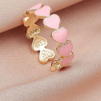 Heart Brass Enamel Cuff Rings for Women, Golden, Pearl Pink, Inner Diameter: 20mm