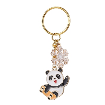 Snowflake & Panda Alloy Enamel Pendant Keychains, with Iron Split Key Rings, Golden, 8.1cm, Pendant: 29x27x1.5mm