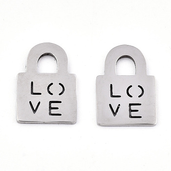 201 Stainless Steel Charms, Laser Cut, Lock with Word Love, Stainless Steel Color, 13x9x0.9mm, Hole: 3x3mm