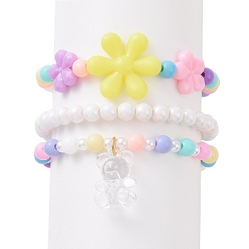 3Pcs 3 Style Acrylic Flower Beaded Stretch Bracelets Set with Bear Charms for Kids, Mixed Color, Inner Diameter: 1-7/8 inch(4.8cm), 1Pc/style
