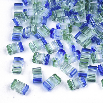 2-Hole Glass Seed Beads, Striped Seed Beads, Transparent Colours, Two Tone, Rectangle, Mauve, 4.5~5.5x2x2~2.5mm, Hole: 0.5~0.8mm