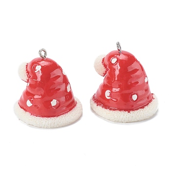 Resin Pendants, with Platinum Piated Iron Peg Bail, for Christmas'Day, Christmas Hat, Red, 29.5x30x28mm, Hole: 2mm