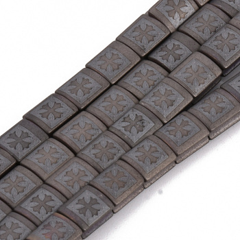 Electroplate Non-magnetic Synthetic Hematite Beads Strands, Matte Style, Rectangle with Cross, Gunmetal Plated, 6x5x3mm, Hole: 1mm, about 70pcs/strand, 15.7 inch
