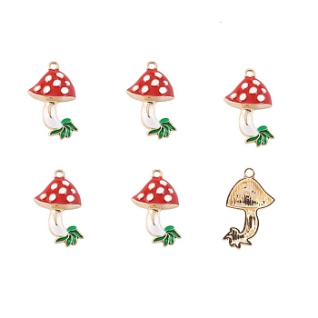 Alloy Enamel Pendants, Red Mushroom with Grass, Cadmium Free & Lead Free, Golden, 26x16mm, Hole: 2mm