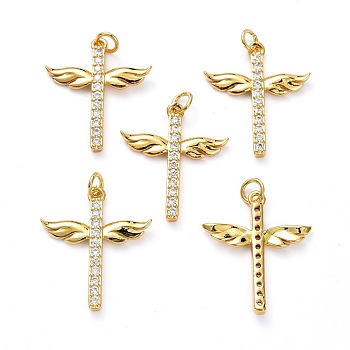 Brass Micro Pave Clear Cubic Zirconia Pendants, with Jump Ring, Long-Lasting Plated, Cross with Wing, Real 18K Gold Plated, 25x21x3mm, Jump Rings: 5x1mm, 3mm Inner Diameter