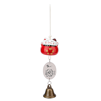 Porcelain Maneki Neko Wind Chimes, Alloy Bell Hanging Ornament for Landscape Outdoor Balcony Decoration, with Wood Lucky Card, Red, 265mm, Cat: 45x51mm