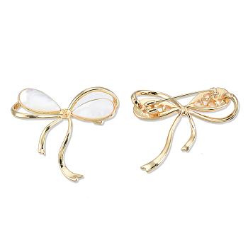 Brass Micro Pave Clear Cubic Zirconia Brooch Findings, For Half Drilled Beads, with Shell, Cadmium Free & Nickel Free & Lead Free, Bowknot, Real 18K Gold Plated, 38x42.5mm, Pin: 1mm and 0.7mm(for half drilled bead)