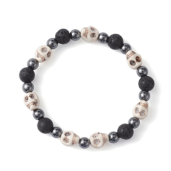 Halloween Skull Synthetic Turquoise & Round Lava Rock & Synthetic Non-Magnetic Hematite Beaded Stretch Bracelets for Women, Inner Diameter: 2-3/8 inch(6cm), 8mm