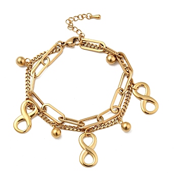 Infinity and Round Ball Charm Multi-strand Bracelet, Vacuum Plating 304 Stainless Steel Double Layered Chains Bracelet for Women, Golden, 7-1/2 inch(19cm)