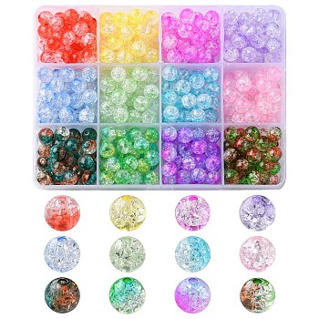 396Pcs 12 Colors Transparent Crackle Acrylic Beads, Round, Mixed Color, 8x7.5mm, Hole: 1.8mm, 33pcs/color
