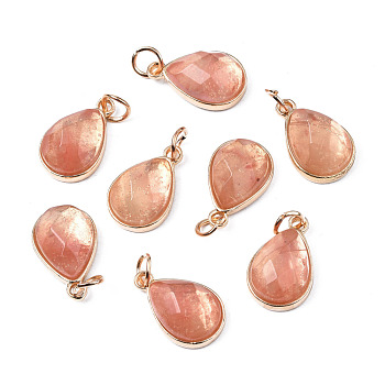 Cherry Quartz Glass Pendants, with Light Gold Plated Brass Edge and Iron Loops, Teardrop, Faceted, 19x12x7.5mm, Junp Round: 6x1mm, Inner Diameter: 4mm