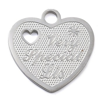 Anti-Tarnish 304 Stainless Steel Pendants, Laser Cut, Heart with Flower & Word Charm, Stainless Steel Color, 20x20x1.5mm, Hole: 3mm