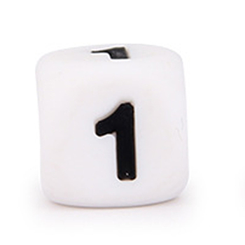Silicone Beads, for Bracelet or Necklace Making, Black Arabic Numerals Style, White Cube, Num.1, 10x10x10mm, Hole: 2mm