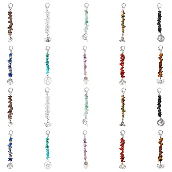Gemstone Chip Beaded Pendant Decorations, Clip-on Charms, with Alloy Lobster Claw Clasps, Yoga & Fairy & Lotus & Pentagram & Hamsa Hand & Tree of Life, 93~104mm, 20pcs/box