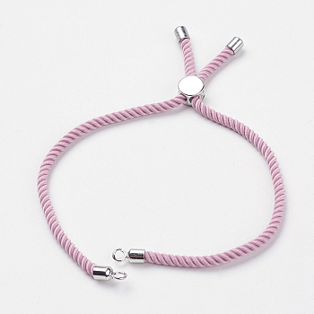 Nylon Twisted Cord Bracelet Making, with Brass Findings, Slider Bracelets, Lead Free & Cadmium Free, Real Platinum Plated, Pink, 4-3/4 inch~5-1/4 inch(120~132mm), 3mm, Hole: 2.7mm