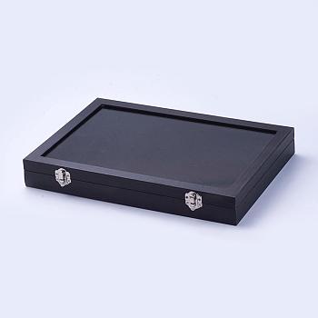 Wood Ring Displays, with Ice Plush inside and Covered with Glass, Rectangle, Black, 35x24x4.6cm
