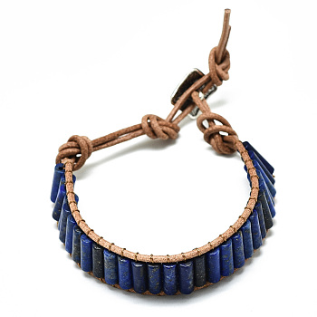 Cowhide Leather Cord Bracelets, with Column Natural Lapis Lazuli Beads and Alloy Findings, 9~11 inch(23~28cm)