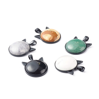 Handmade Natural Mixed Gemstone Pendants, with Gunmetal Alloy Kitten Settings, Cat-shaped, 37x27x8mm, Hole: 6x4mm