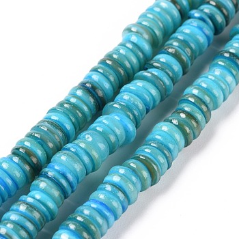 Shell Beads Strands, Dyed, Disc, Deep Sky Blue, 4.9~6x0.4~6mm, Hole: 1.4mm,  about 15.94 inch~16.14 inch(40.5~41cm)