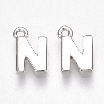 Brass Charms, Letter, Nickel Free, Real Platinum Plated, Letter.N, 8.5x5.5x1.5mm, Hole: 0.8mm