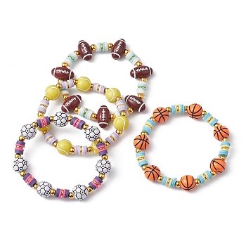 4Pcs 4 Style Polymer Clay Beaded Stretch Bracelets Set, Acrylic Sports Balls Stackable Bracelets, Mixed Color, Inner Diameter: 2-3/8 inch(6.1cm)