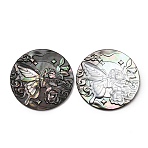 Natural Black Lip Shell Carved Cabochons, Flat Round with Cameo Butterfly Pattern, Black, 25x2~2.5mm(SHEL-G024-01A)