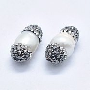 Natural Cultured Freshwater Pearl Beads, with Polymer Clay Grade A Rhinestone, Oval, 13~19x9~10mm, Hole: 1mm(RB-K056-05B)