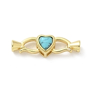 Brass Heart Fold Over Clasps, with Synthetic Turquoise, Golden, 25mm(KK-Z083-05G-02)