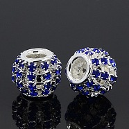 Brass Rhinestone European Beads, Large Hole Beads, Rondelle, Silver Color Plated, Sapphire, 12x10mm, Hole: 4mm(RB-I066-05S)