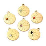 Ion Plating(IP) 316 Stainless Steel Flat Round Pendants, Natural Mixed Stone Sun Charms, Real 24K Gold Plated, 21.5x18x4mm, Hole: 1.6mm(STAS-K258-28G)