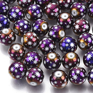 Christmas Electroplate Glass Beads, Round with Star Pattern, Purple Plated, 10mm, Hole: 1.2mm(EGLA-R113-07G)