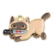 Printed Alloy Pendants, with Enamel, Golden, Cadmium Free & Nickel Free & Lead Free, Cat with Knife Shape Charms, Moccasin, 17x29x1.5mm, Hole: 2mm(ENAM-L042-02G-03)