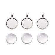 DIY Pendants Making, with Tibetan Style Alloy Pendant Cabochon Settings and Clear Half Round Glass Cabochons, Flat Round, Antique Silver, Cabochons: 9.5x20mm, Settings: 32x23x2mm, 2pcs/set(DIY-X0292-85AS)