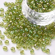 6/0 Round Glass Seed Beads, Transparent Colours Rainbow, Round Hole, Green Yellow, 6/0, 4mm, Hole: 1.5mm, about 500pcs/50g, 50g/bag, 18bags/2pounds(SEED-US0003-4mm-164)