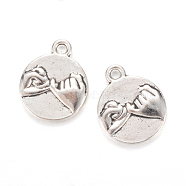 Tibetan Style Alloy ASL Pendants, Flat Round with Promise Gesture, Pinky Swear, Cadmium Free & Nickel Free & Lead Free, Antique Silver, 17.5x14.5x2.5mm, Hole: 2mm, about 580pcs/1000g(TIBEP-Q002-24AS-NR)